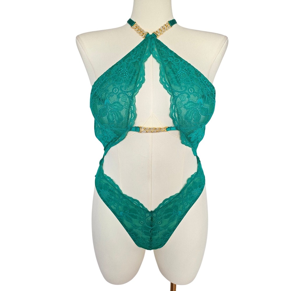 Victoria's Secret Green Lace Cutout Teddy Bodysuit Size L Sexy Gold Chain Glam - Picture 3 of 9